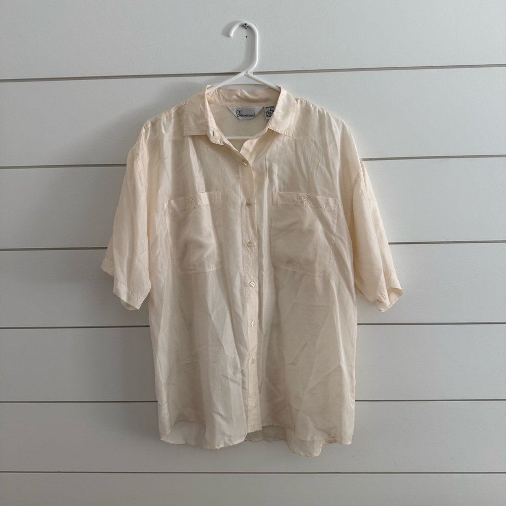 Vintage Silk Blouse Womens Size Small Button Down Cream Oversized Cottagecore